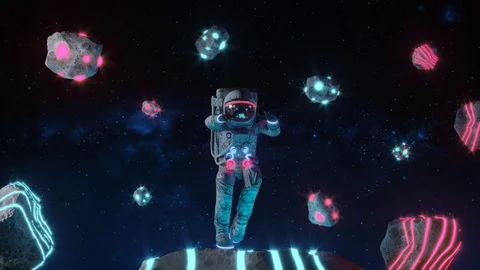 Funny Dancing Astronaut With Neon Light Asteroids In Space Видео 124405458