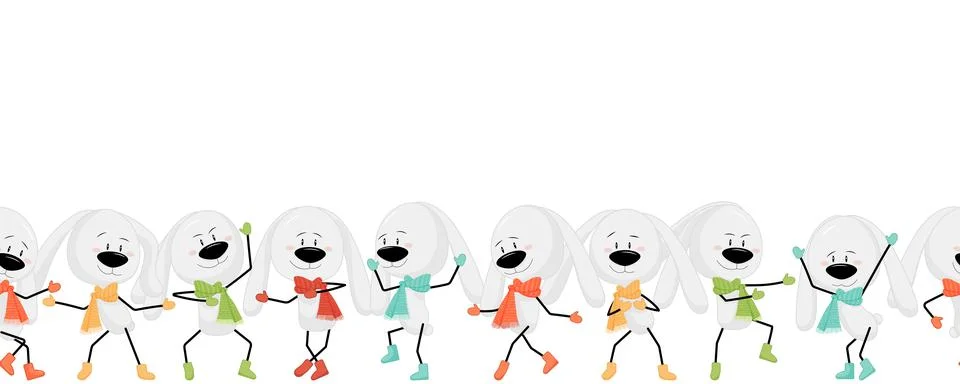 Funny dancing bunnies border Stock Illustration