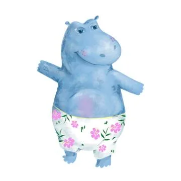 Funny Dancing Hippo character. Digital art animal blue hippopotamus. Tropical Stock Illustration