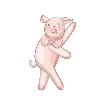 Funny dancing pig with a bow Stock Illustration