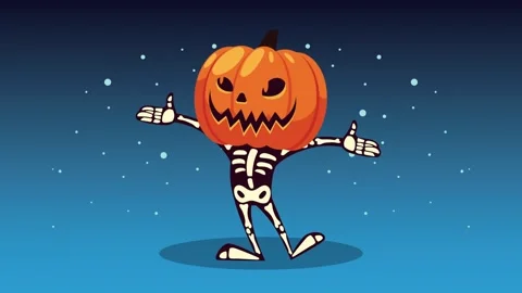Funny dancing skeleton with glowing pumpkin head for halloween celebration .. Stock Footage 338318970
