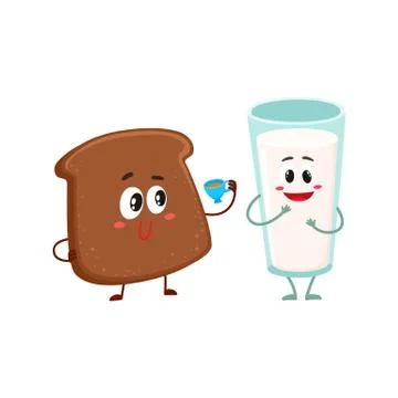 Funny dark, brown bread slice and milk glass characters Illustrazione stock
