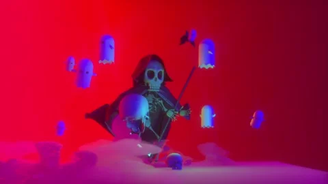 Funny  dead toon death skeleton with a scythe, render 3d  looping Stock Footage 200832782