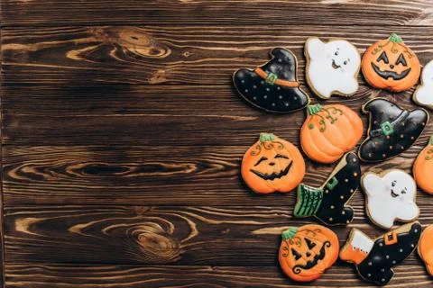 Funny delicious ginger biscuits for Halloween on the table. horizontal view f Stock Photos