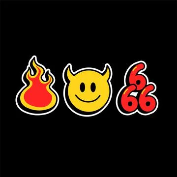 Funny demon smile face,hell fire,666 numbers t-shirt print.Vector cartoon Stock Illustration