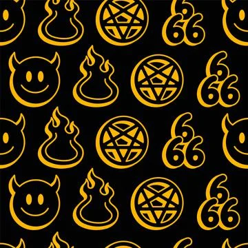 Funny demon smile face,hell fire,666 numbers,pentagram seamless pattern.Vector Illustrazione stock