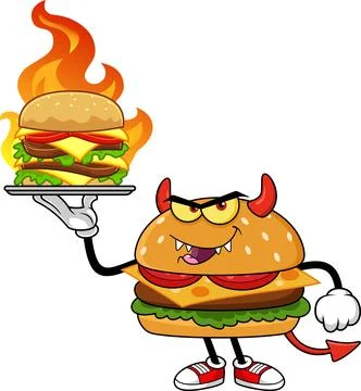 Funny Devil Burger Cartoon Character Holding Flaming Cheeseburger Illustrazione stock