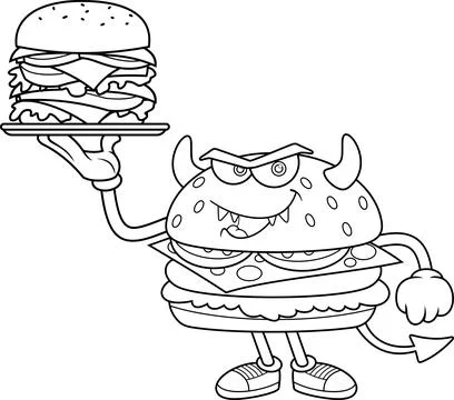 Funny Devil Burger Cartoon Character Holding Cheeseburger Illustrazione stock