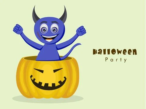 Funny devil cartoon standing in big pumpkin for Halloween party celebration.. イラスト素材
