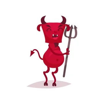 Funny devil with horns and tail holding trident, red demon cartoon character Stock Illustration