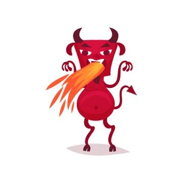 Funny devil with horns and tail breathing out hot flame, red demon cartoon Stock Illustration
