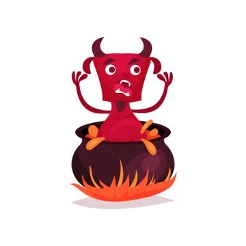 Funny devil with horns and tail in infernal cauldron, red demon cartoon Stock Illustration