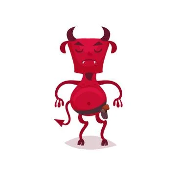 Funny devil with horns and tail standing closed eyes, red demon cartoon Stock Illustration