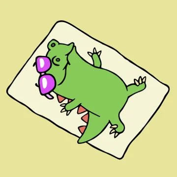 Funny dinosaur sunbathing on the beach. Vector illustration. Stock Illustration