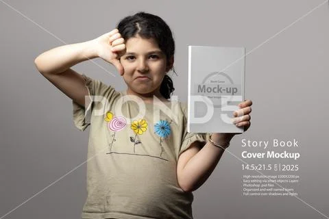 Funny disgust face showing dislike for a book in hand mock-up series 483 PSD Template
