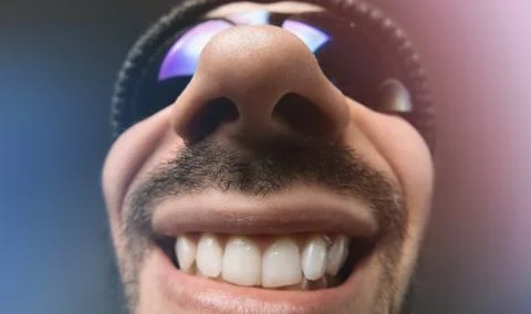 Funny distorted face portrait. Focus on the nose. Foto stock