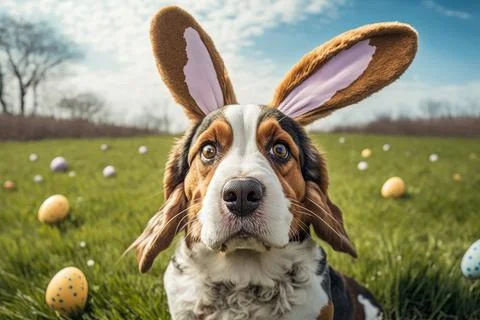 Funny dog with easter bunny ears on green field Stock Illustration