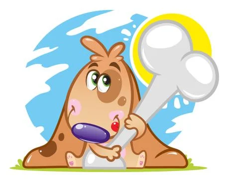 Funny dog icon. Cute dog enjoys a large bone. Colorful clipart. Vector. Stock Illustration