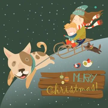 Funny dog pulling sledge with children Stock Illustration