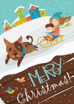 Funny dog pulling sledge with children Stock Illustration