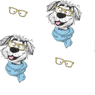 Funny Dog Seamless Pattern with Glasses and Scarf Stock Illustration