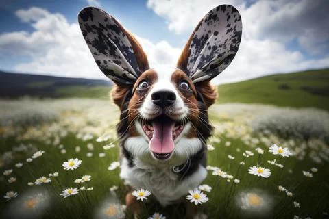 Funny dog using easter bunny ears on a flower meadow Stock Illustration