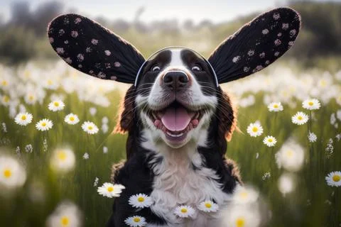 Funny dog using easter bunny ears on a flower meadow Stock Illustration