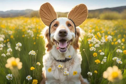 Funny dog using easter bunny ears on a flower meadow Stock Illustration