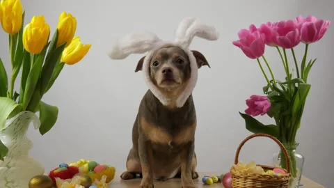 Funny dog ​​in the white ears of the Easter bunny. Chihuahua dog. Stock Footage 149671767