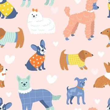 Funny dogs pattern in cute outfits Stock Illustration