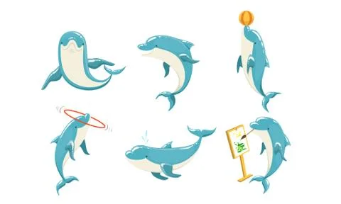 Funny Dolphins Set, Cute Ocean Mammals Performing Tricks Vector Illustration Stock Illustration