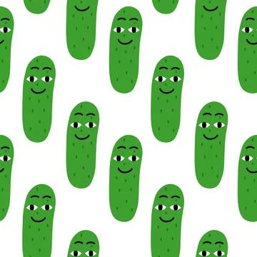 Funny doodle cucumbers with faces seamless pattern on white background. Veggies Stock Illustration