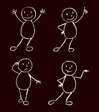 Funny doodle man set. Black and white chalk or wax crayon like kid`s hand drawn Stock Illustration
