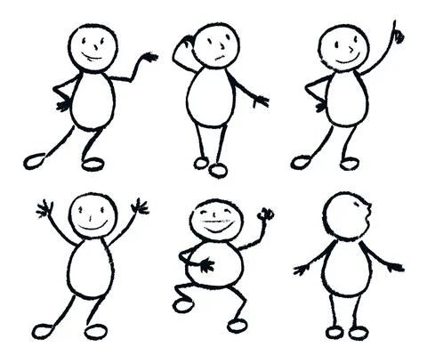Funny doodle man set. Black and white crayon  or chalk, charcoal or pencil Stock Illustration