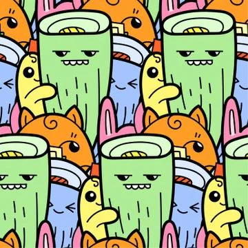 Funny doodle monsters seamless pattern for prints, designs and coloring books Stock Illustration