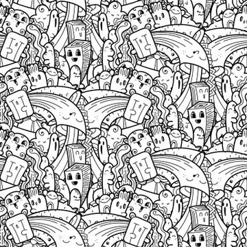 Funny doodle monsters seamless pattern for prints, designs and coloring books Stock Illustration