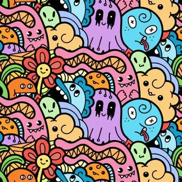 Funny doodle monsters seamless pattern for prints, designs and coloring books Stock Illustration