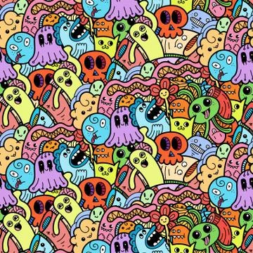 Funny doodle monsters seamless pattern for prints, designs and coloring books Stock Illustration