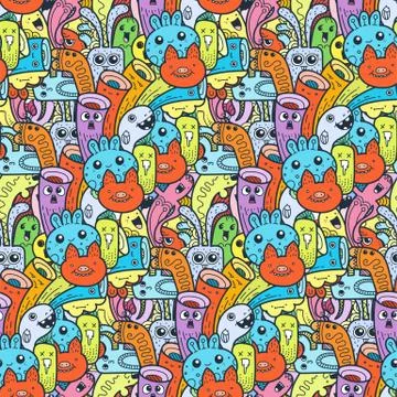 Funny doodle monsters seamless pattern for prints, designs and coloring books Stock Illustration