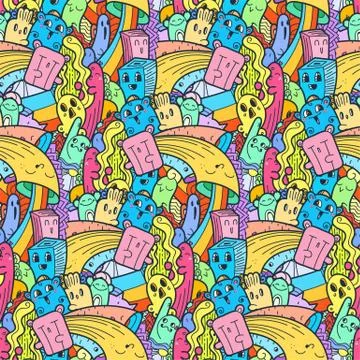 Funny doodle monsters seamless pattern for prints, designs and coloring books Stock Illustration