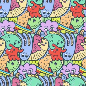 Funny doodle monsters seamless pattern for prints, designs and coloring books Stock Illustration