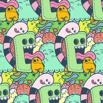 Funny doodle monsters seamless pattern for prints, designs and coloring books イラスト素材