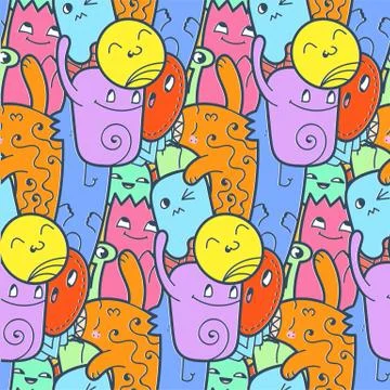 Funny doodle monsters seamless pattern for prints, designs and coloring books Stock Illustration