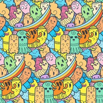 Funny doodle monsters seamless pattern for prints, designs and coloring books Stock Illustration