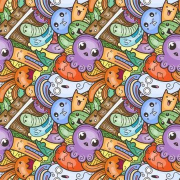 Funny doodle monsters on seamless pattern for prints, designs and coloring bo Stock Illustration