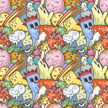 Funny doodle monsters on seamless pattern for prints, designs and coloring bo Stock Illustration