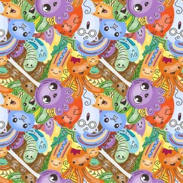 Funny doodle monsters on seamless pattern for prints, designs and coloring bo Stock Illustration