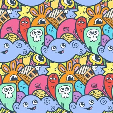 Funny doodle monsters seamless pattern for prints, designs and coloring books Stock Illustration