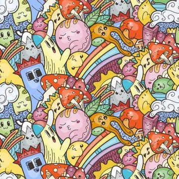 Funny doodle monsters on seamless pattern for prints, designs and coloring bo Stock Illustration