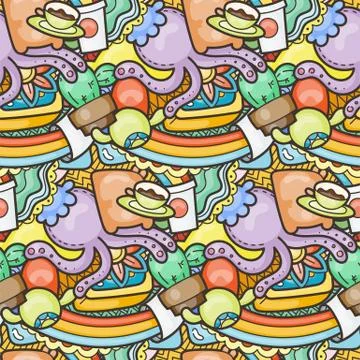 Funny doodle monsters on seamless pattern for prints, designs and coloring bo Stock Illustration